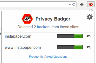 Example showing Instapaper unblocked in the Privacy Badger control panel